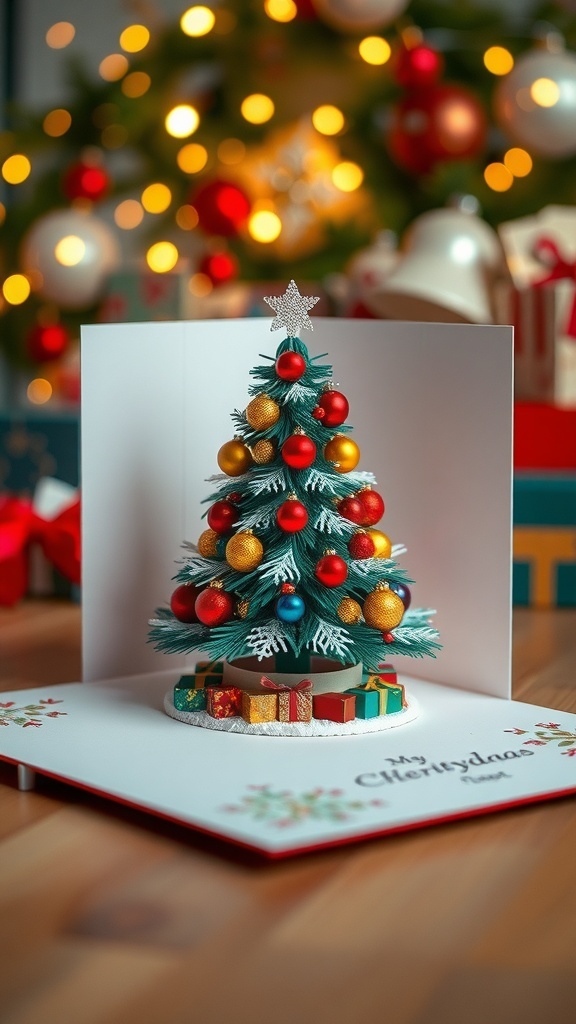 A handmade 3D Christmas card with a pop-up tree and ornaments, set against a festive backdrop.